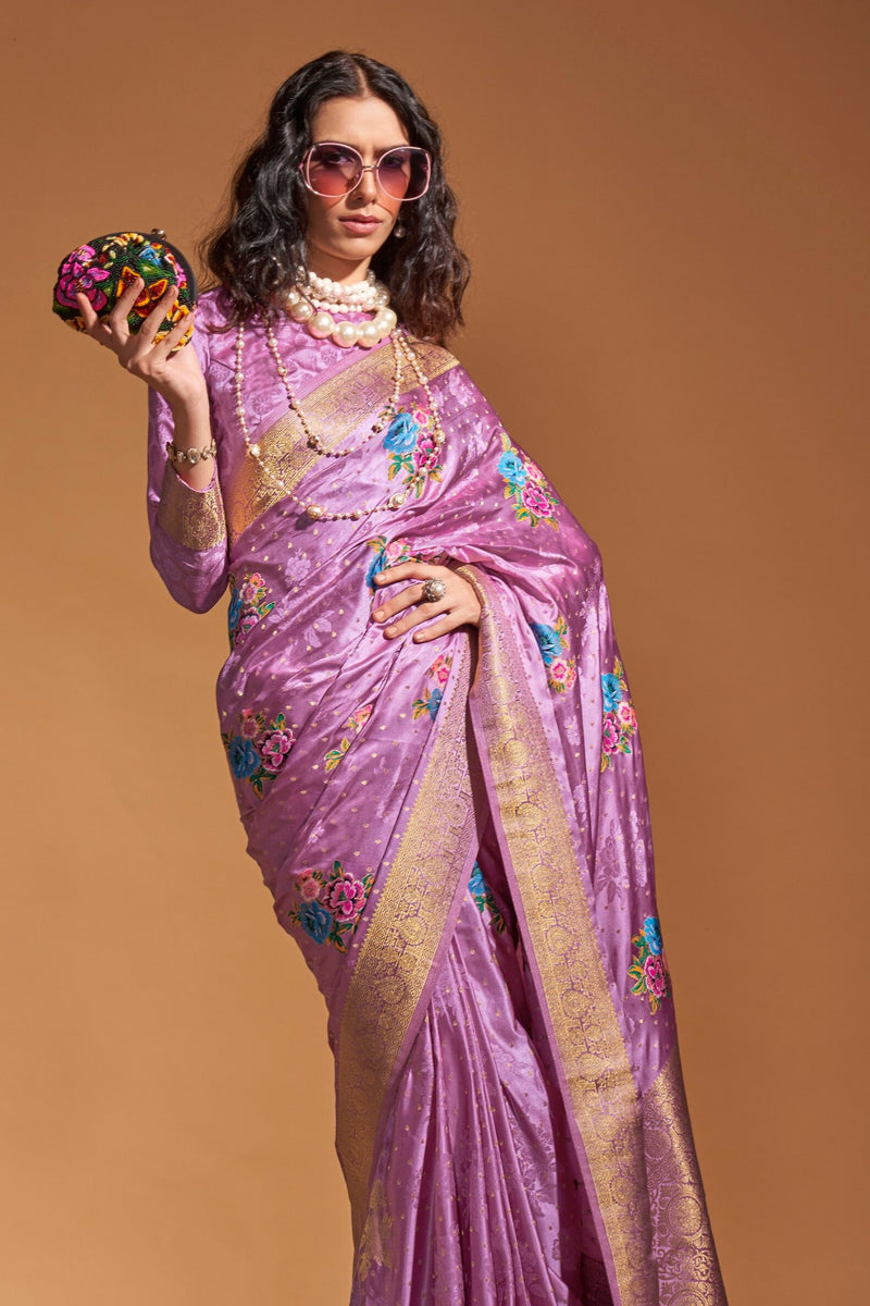 Light Purple Elegant Satin Traditional Saree with Zari & Thread Work