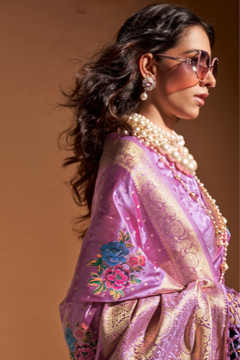 Light Purple Elegant Satin Traditional Saree with Zari & Thread Work