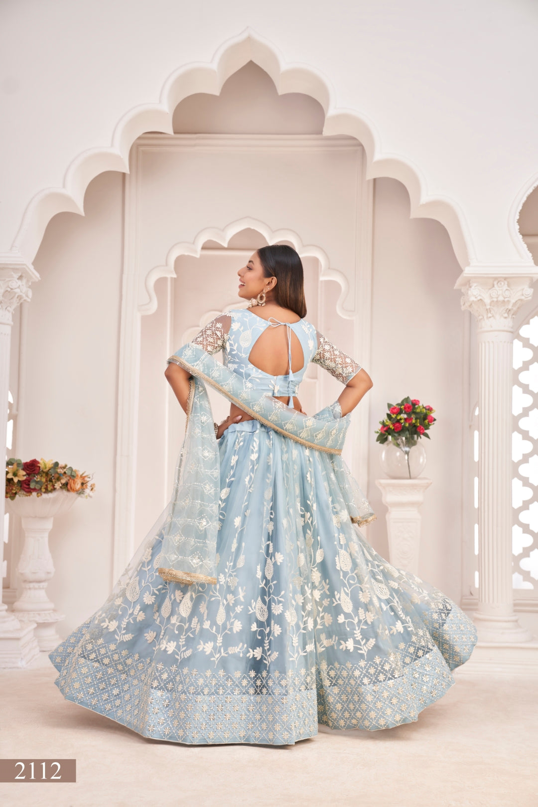 Light Sky Blue Elegant Butterfly Net Lehenga with Intricate Embroidery