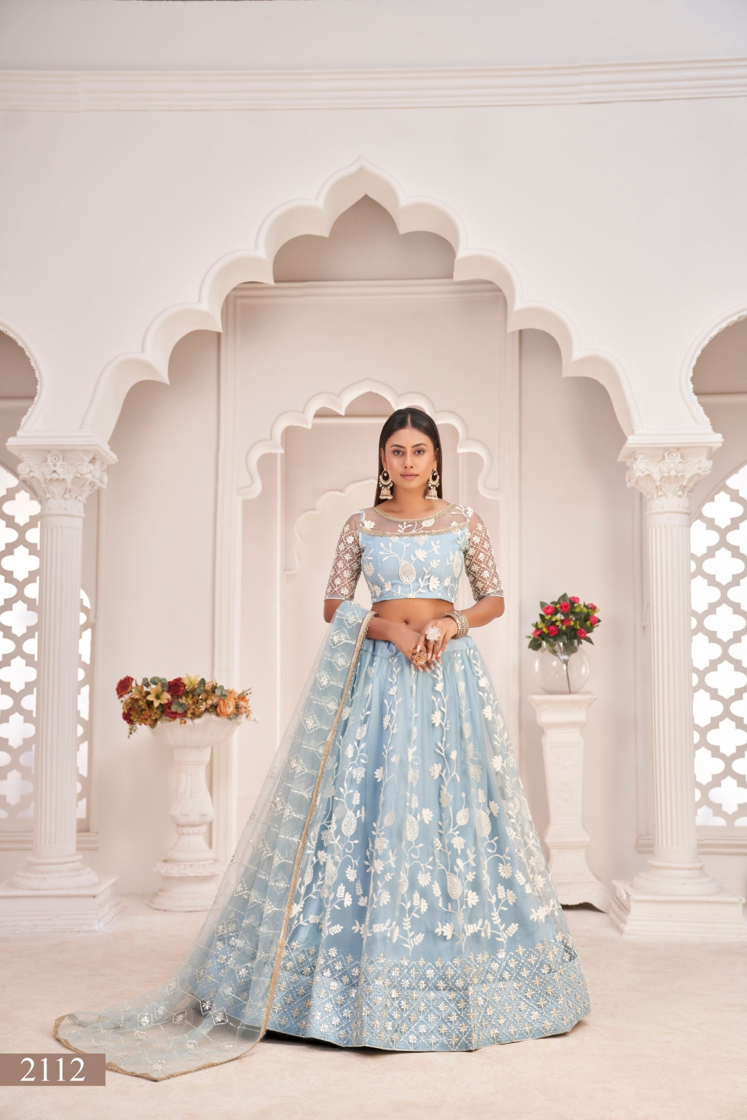 Light Sky Blue Elegant Butterfly Net Lehenga with Intricate Embroidery