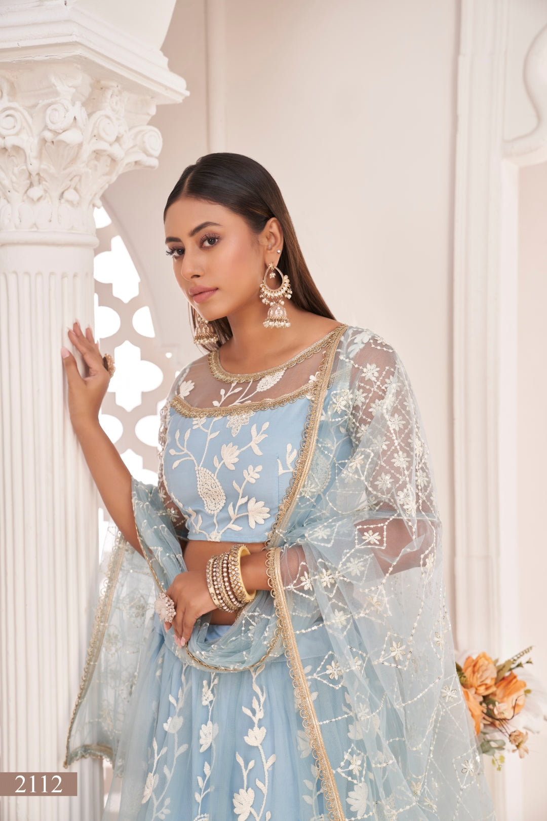 Light Sky Blue Elegant Butterfly Net Lehenga with Intricate Embroidery