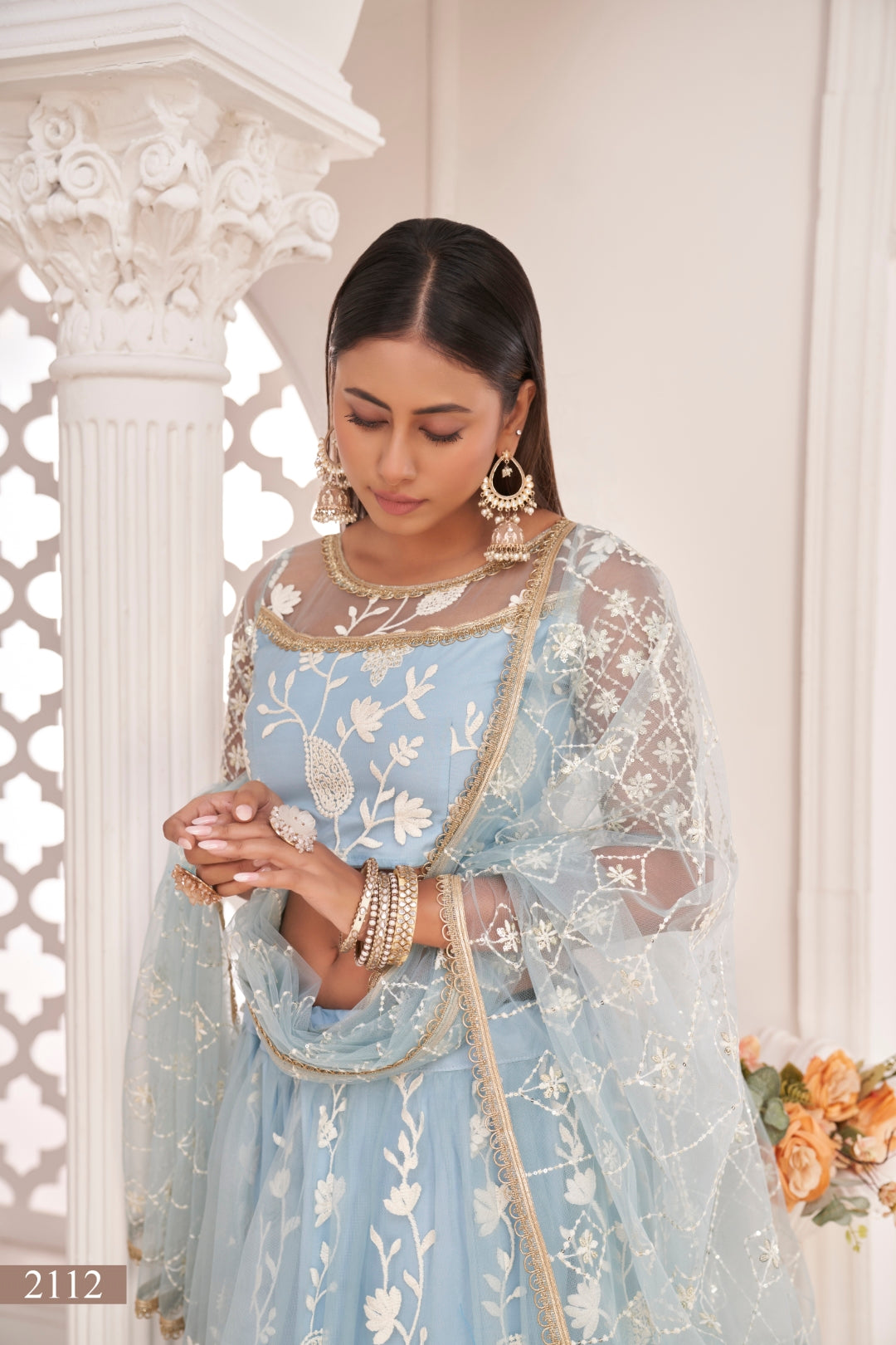 Light Sky Blue Elegant Butterfly Net Lehenga with Intricate Embroidery