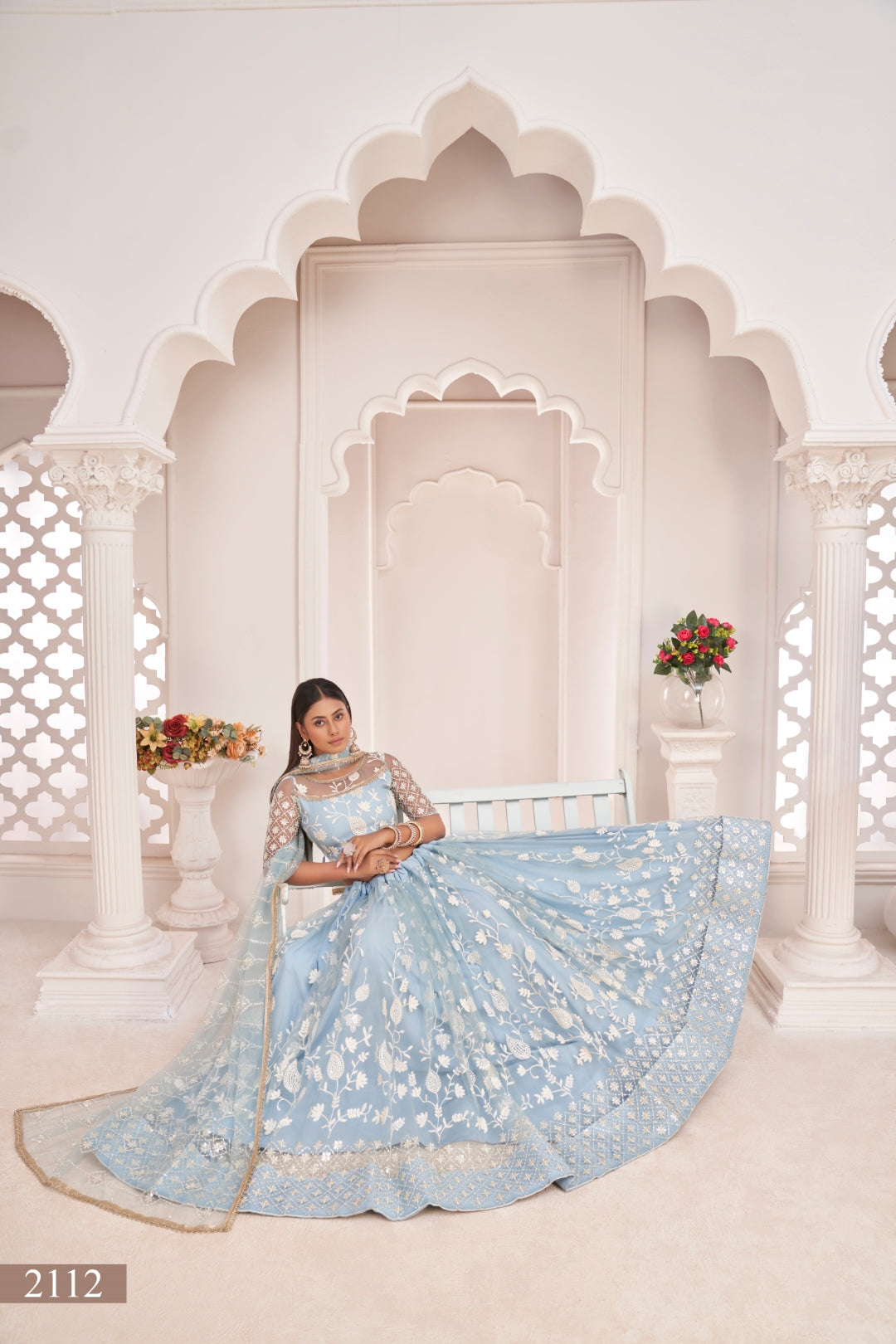 Light Sky Blue Elegant Butterfly Net Lehenga with Intricate Embroidery
