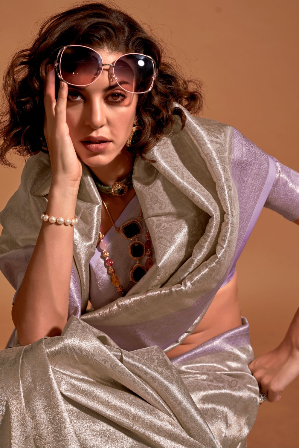 Lilac Handwoven Kanjivaram Silk Saree with Blouse Piece