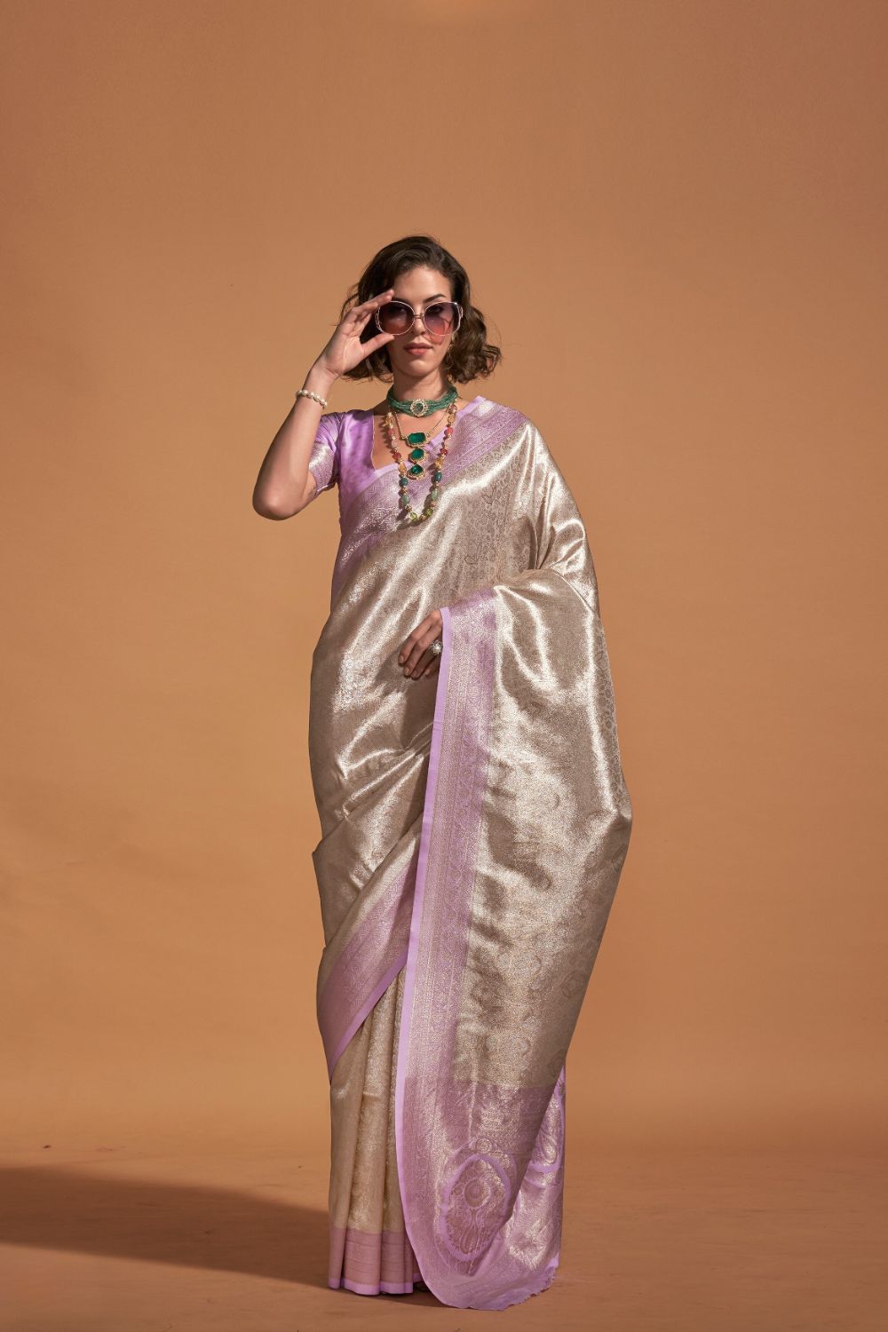 Lilac Handwoven Kanjivaram Silk Saree with Blouse Piece