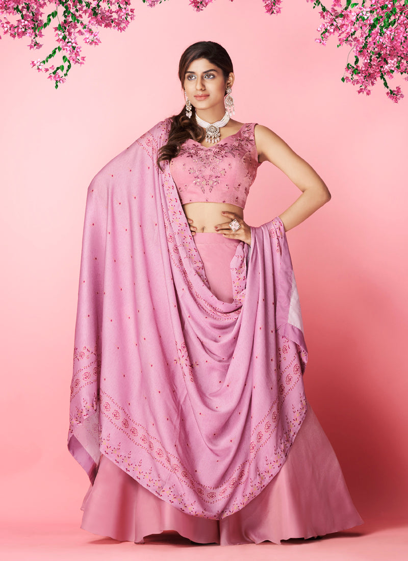 Lilac Pakistani Chiffon Lehenga Choli For Indian Festival & Weddings - Thread Embroidery Work,