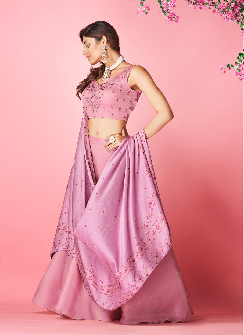 Lilac Pakistani Chiffon Lehenga Choli For Indian Festival & Weddings - Thread Embroidery Work,