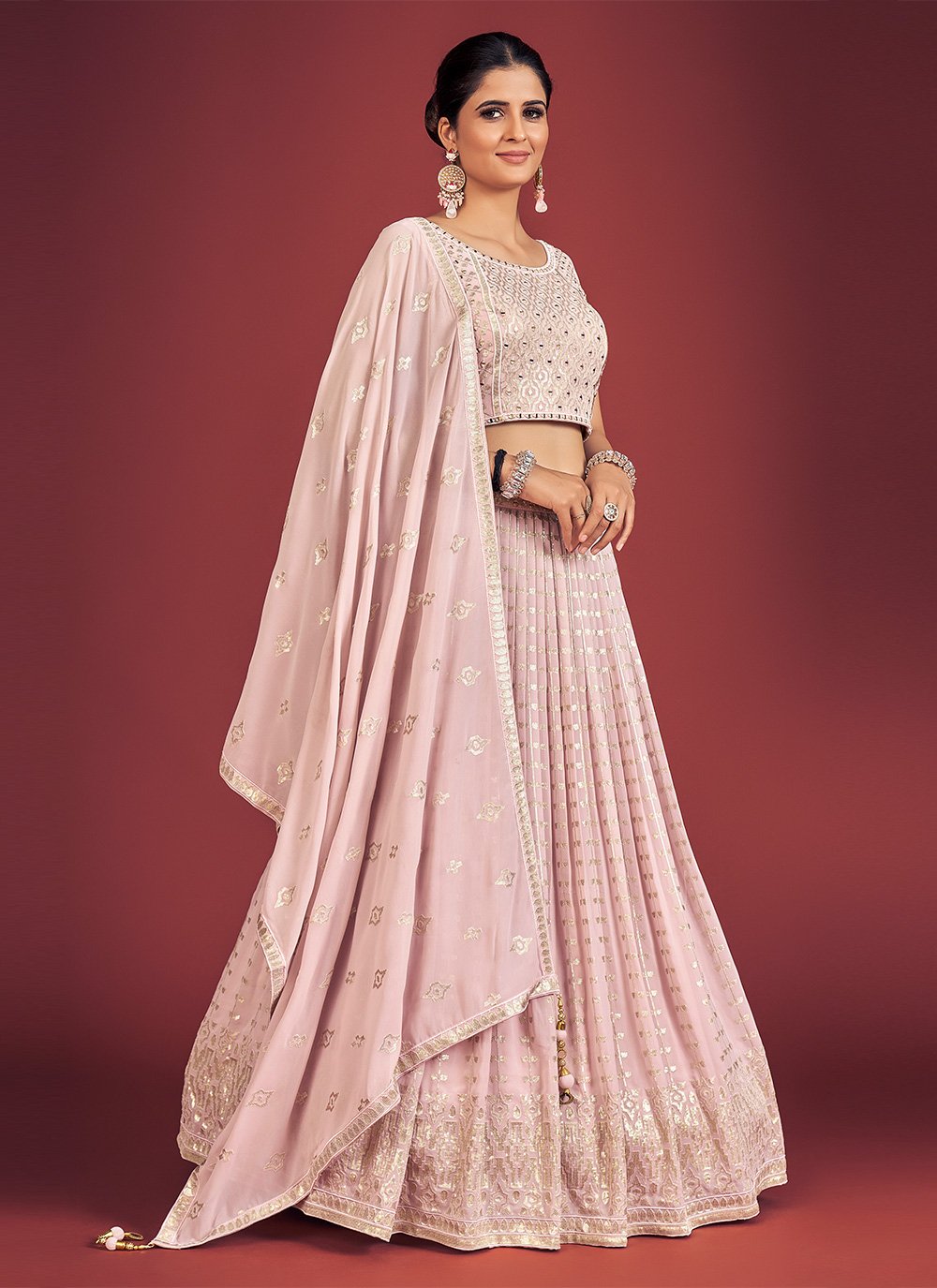 Lilac Pakistani Georgette Lehenga Choli For Indian Festivals & Weddings - Sequence Embroidery Work, Mirror Work