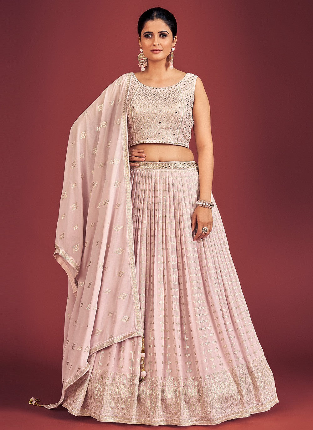 Lilac Pakistani Georgette Lehenga Choli For Indian Festivals & Weddings - Sequence Embroidery Work, Mirror Work