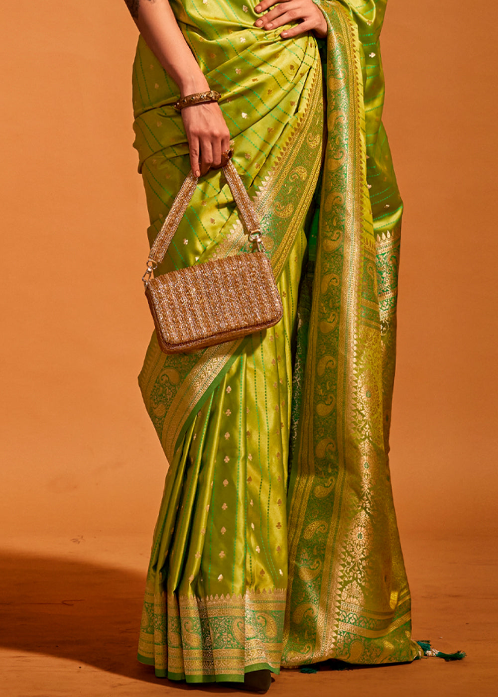 Lime Green Designer Satin Silk Saree with Blouse Piece