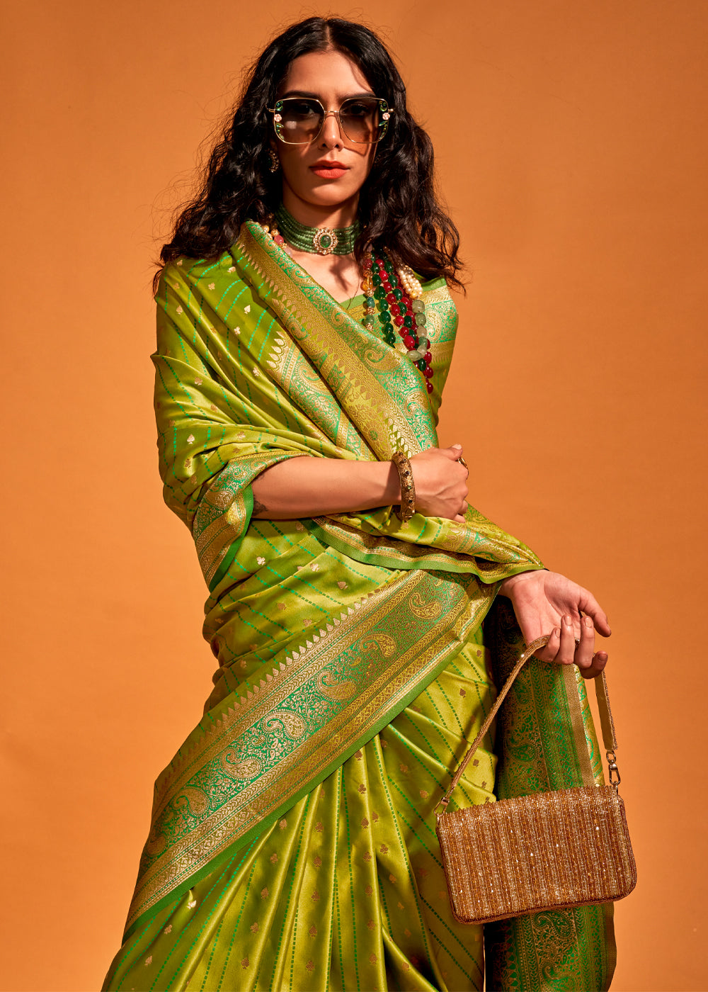 Lime Green Designer Satin Silk Saree with Blouse Piece