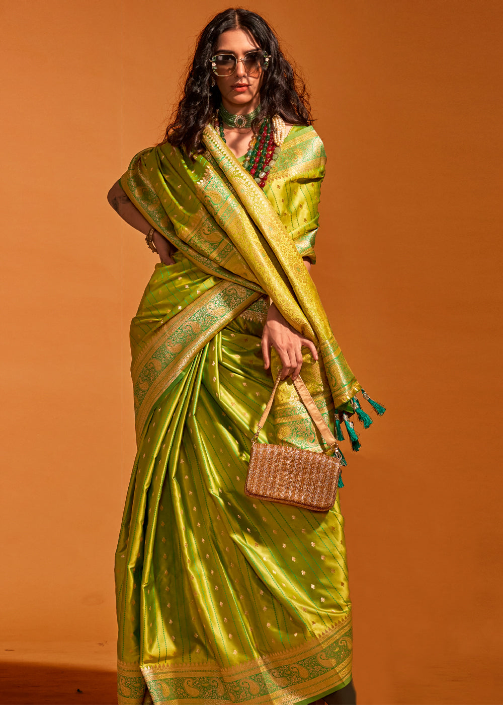 Lime Green Designer Satin Silk Saree with Blouse Piece