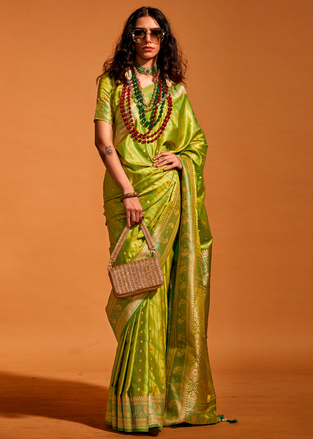 Lime Green Designer Satin Silk Saree with Blouse Piece