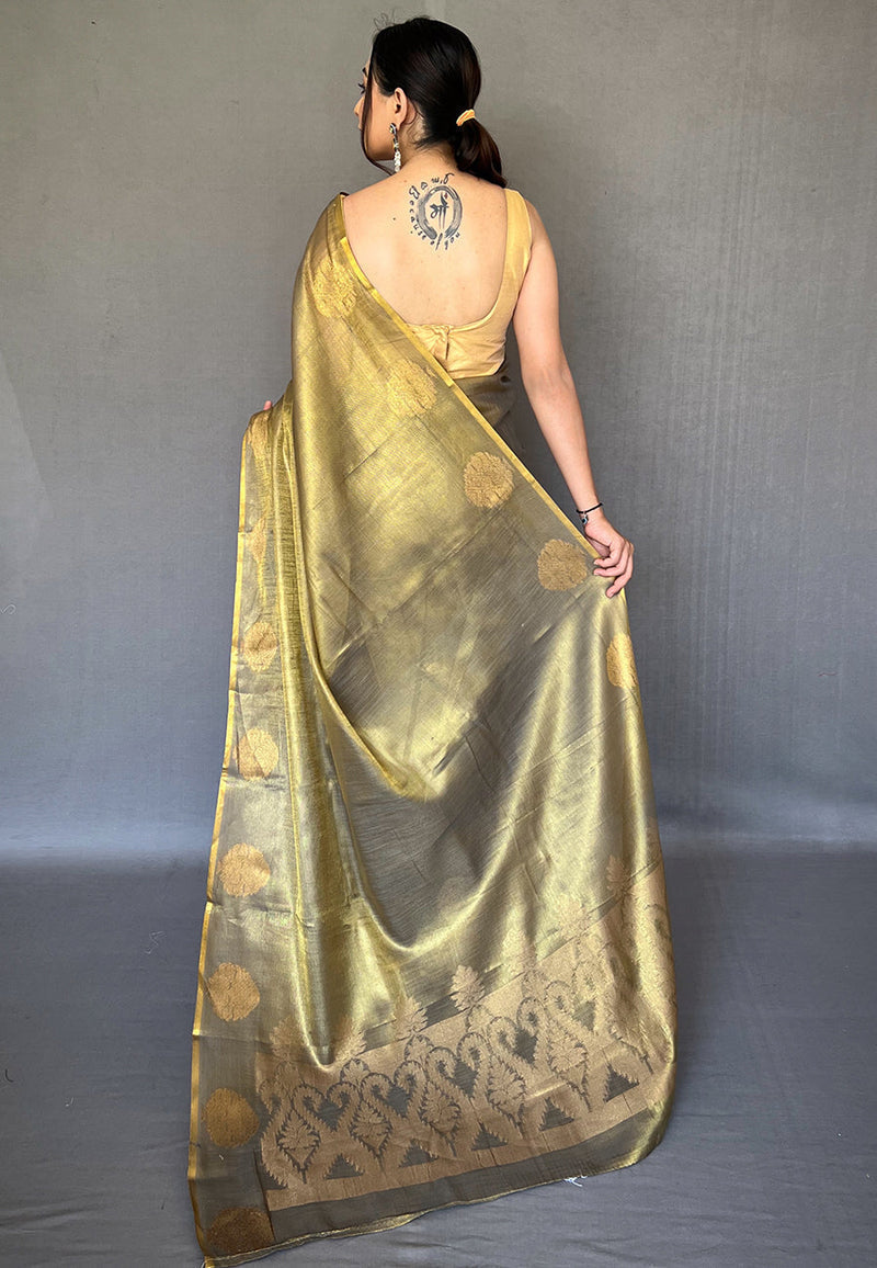 Lime Green Elegant Woven Tissue Silk Saree with Gold Accents & Unstitched Blouse Piece – Party & Festive Wear