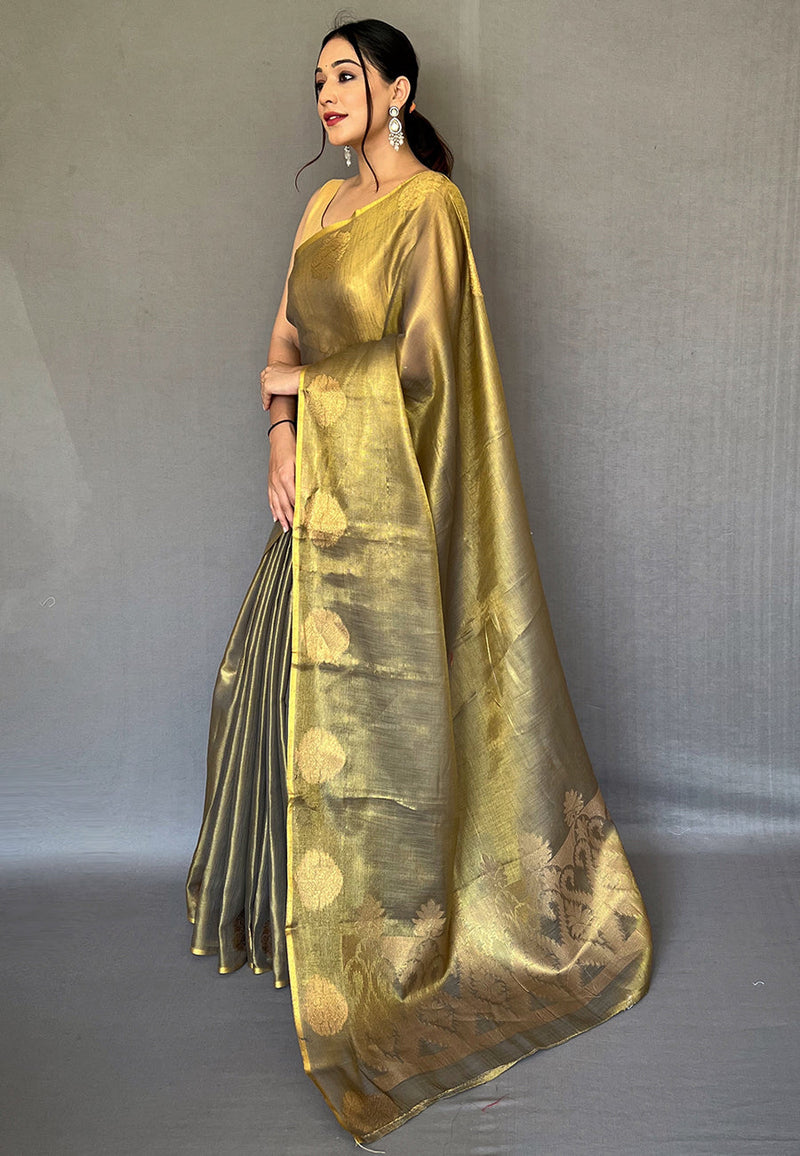 Lime Green Elegant Woven Tissue Silk Saree with Gold Accents & Unstitched Blouse Piece – Party & Festive Wear