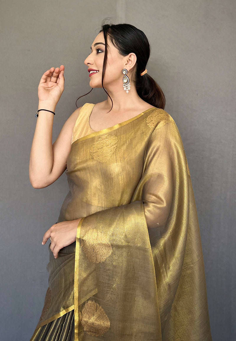 Lime Green Elegant Woven Tissue Silk Saree with Gold Accents & Unstitched Blouse Piece – Party & Festive Wear