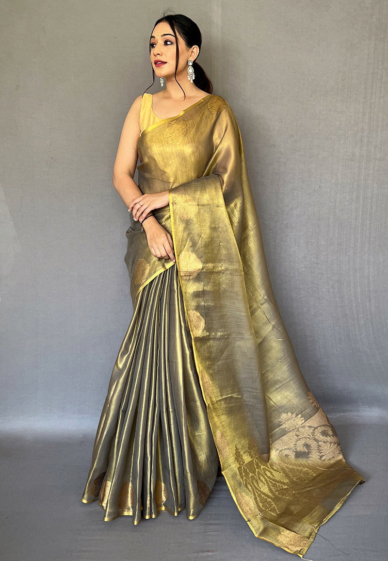Lime Green Elegant Woven Tissue Silk Saree with Gold Accents & Unstitched Blouse Piece – Party & Festive Wear