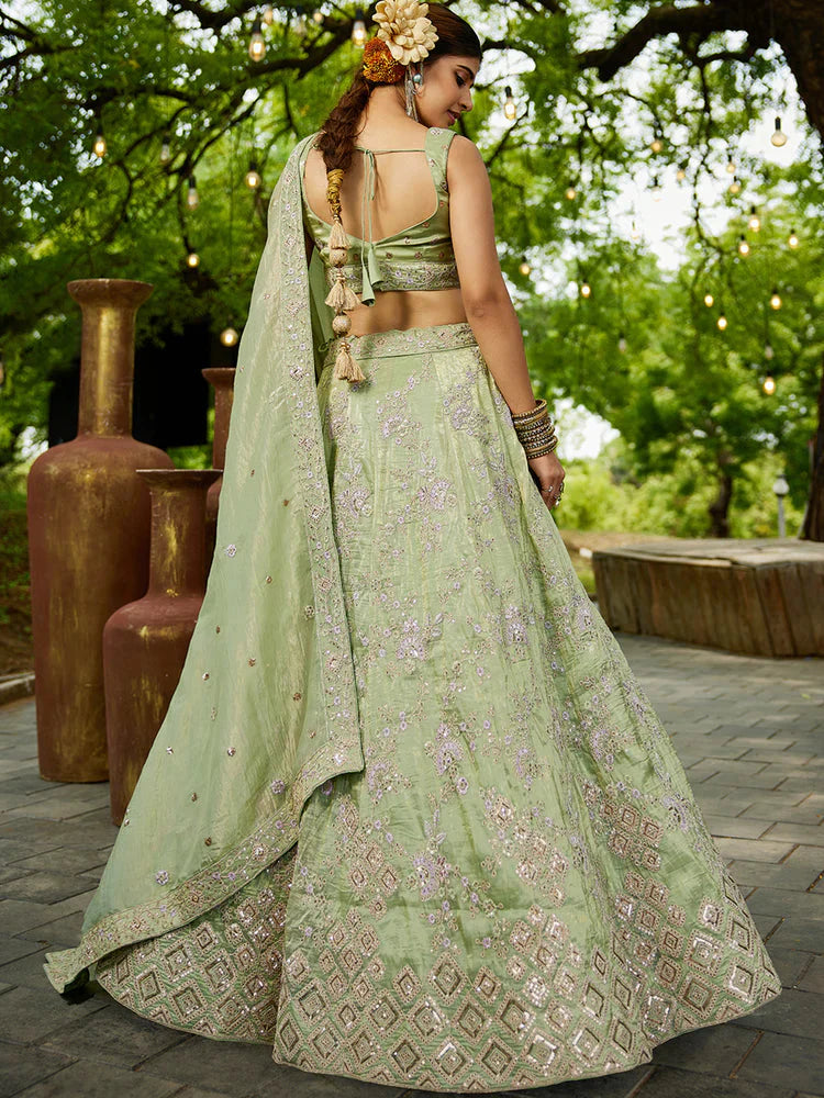 Lime Green Golden Tissue Lehenga Choli Set with Heavy Sequin & Thread Embroidery  Semi-Stitched Full Flare Lehenga with Ethnic Dupatta