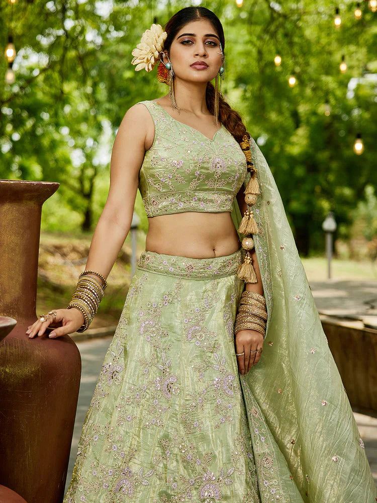Lime Green Golden Tissue Lehenga Choli Set with Heavy Sequin & Thread Embroidery  Semi-Stitched Full Flare Lehenga with Ethnic Dupatta