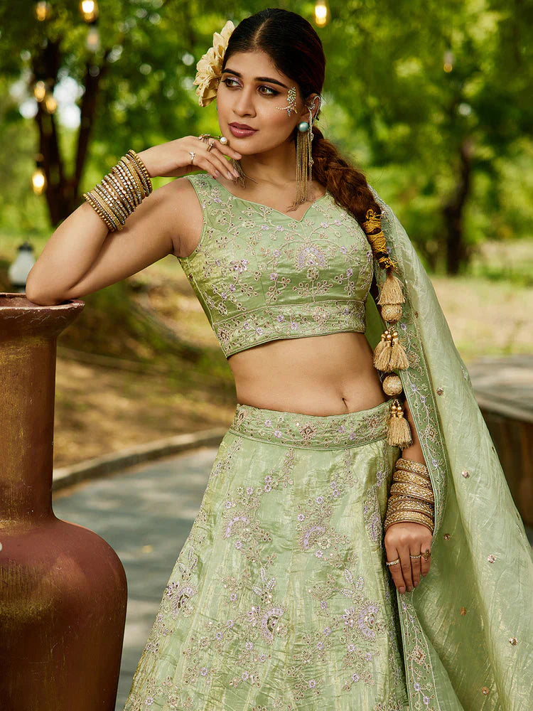 Lime Green Golden Tissue Lehenga Choli Set with Heavy Sequin & Thread Embroidery  Semi-Stitched Full Flare Lehenga with Ethnic Dupatta