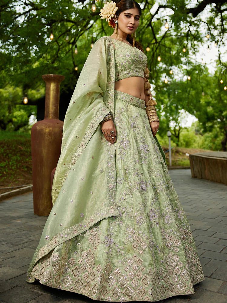 Lime Green Golden Tissue Lehenga Choli Set with Heavy Sequin & Thread Embroidery  Semi-Stitched Full Flare Lehenga with Ethnic Dupatta