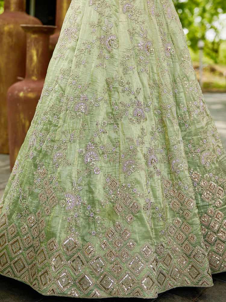 Lime Green Golden Tissue Lehenga Choli Set with Heavy Sequin & Thread Embroidery  Semi-Stitched Full Flare Lehenga with Ethnic Dupatta