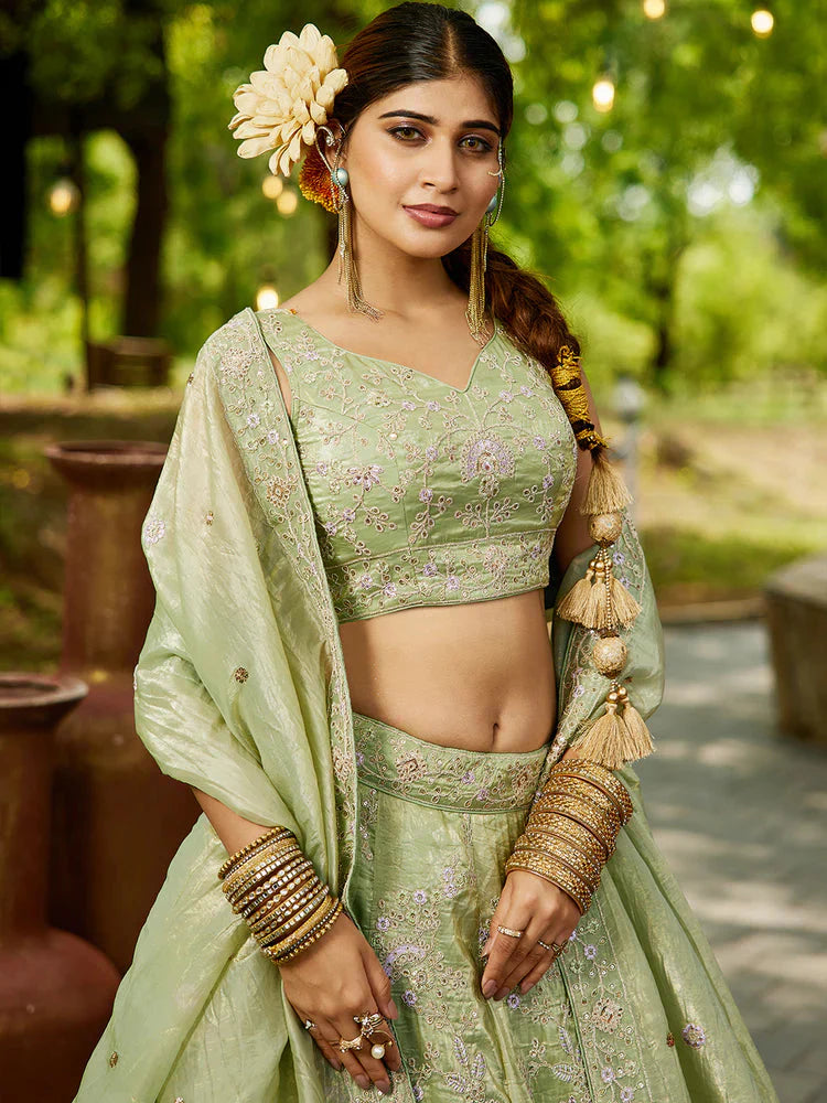 Lime Green Golden Tissue Lehenga Choli Set with Heavy Sequin & Thread Embroidery  Semi-Stitched Full Flare Lehenga with Ethnic Dupatta