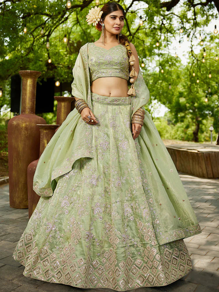 Lime Green Golden Tissue Lehenga Choli Set with Heavy Sequin & Thread Embroidery  Semi-Stitched Full Flare Lehenga with Ethnic Dupatta