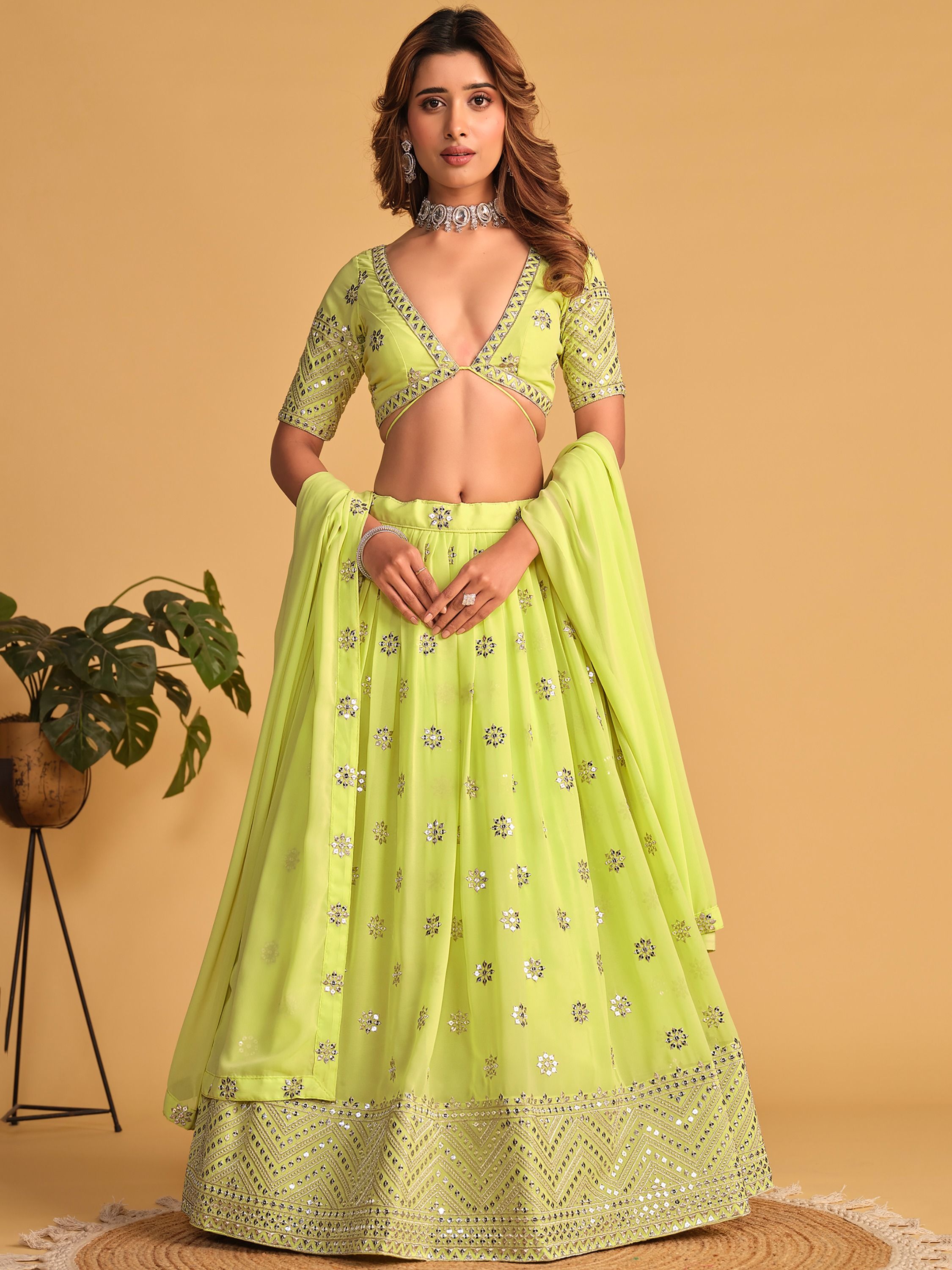 Lime Green Sequin Glamour Breathtaking Reception Lehenga Choli