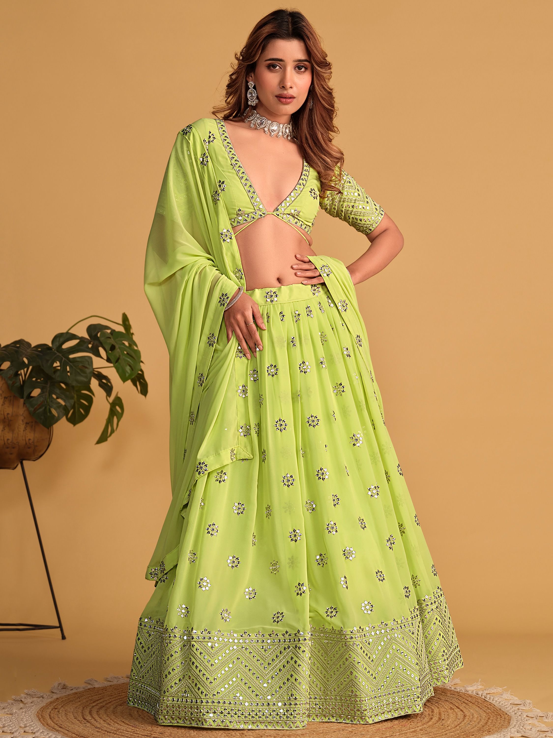 Lime Green Sequin Glamour Breathtaking Reception Lehenga Choli