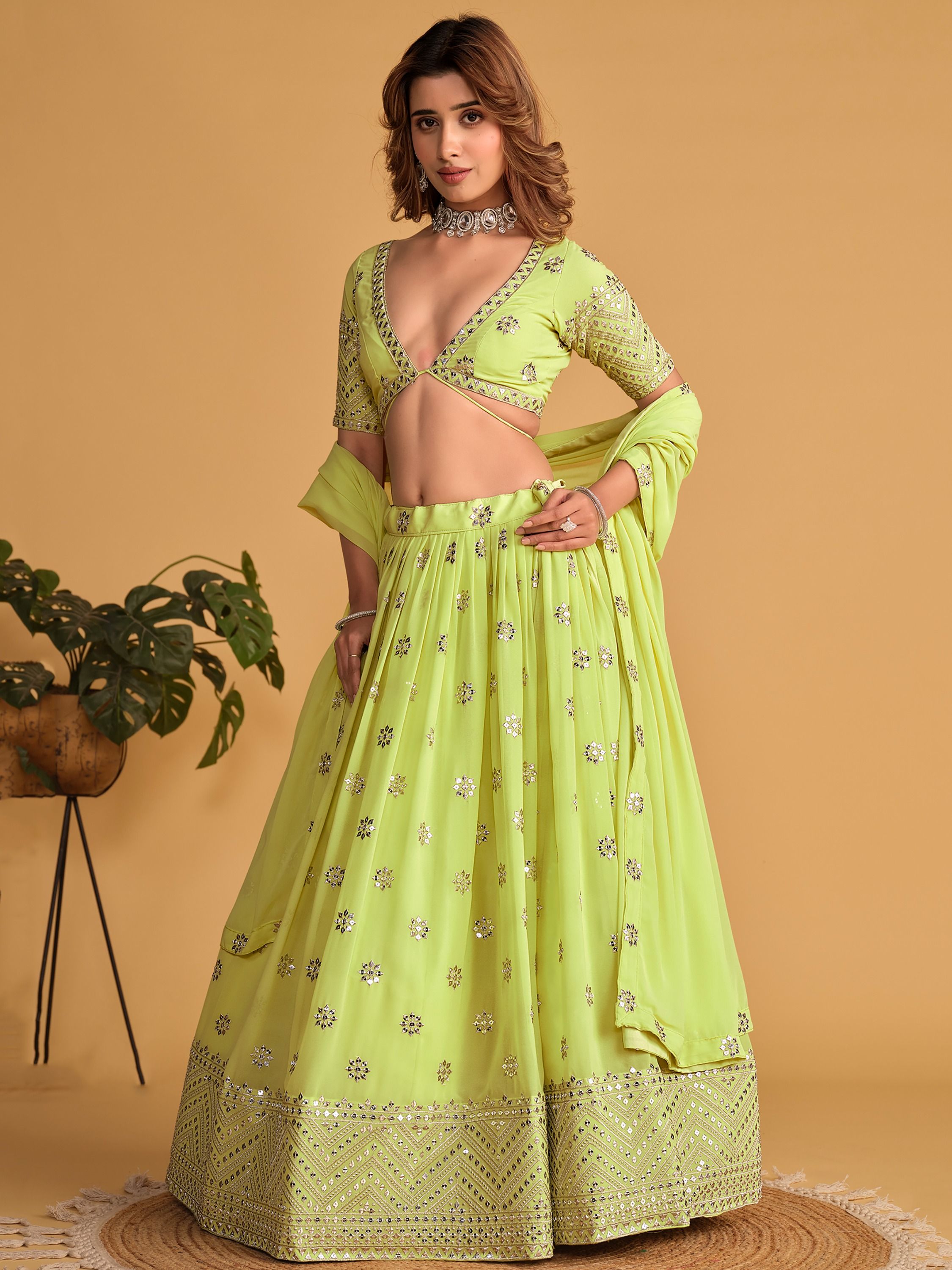 Lime Green Sequin Glamour Breathtaking Reception Lehenga Choli