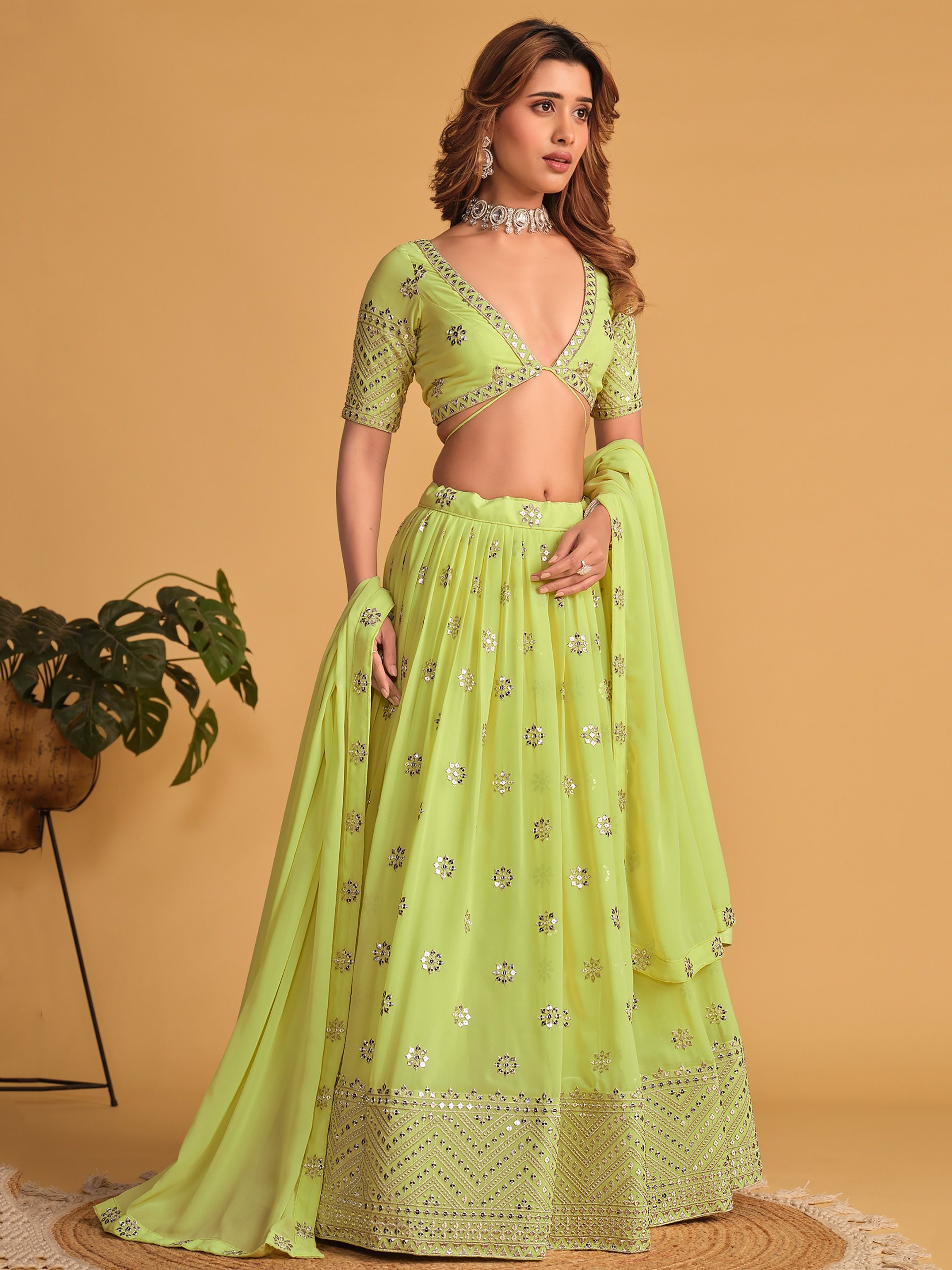 Lime Green Sequin Glamour Breathtaking Reception Lehenga Choli
