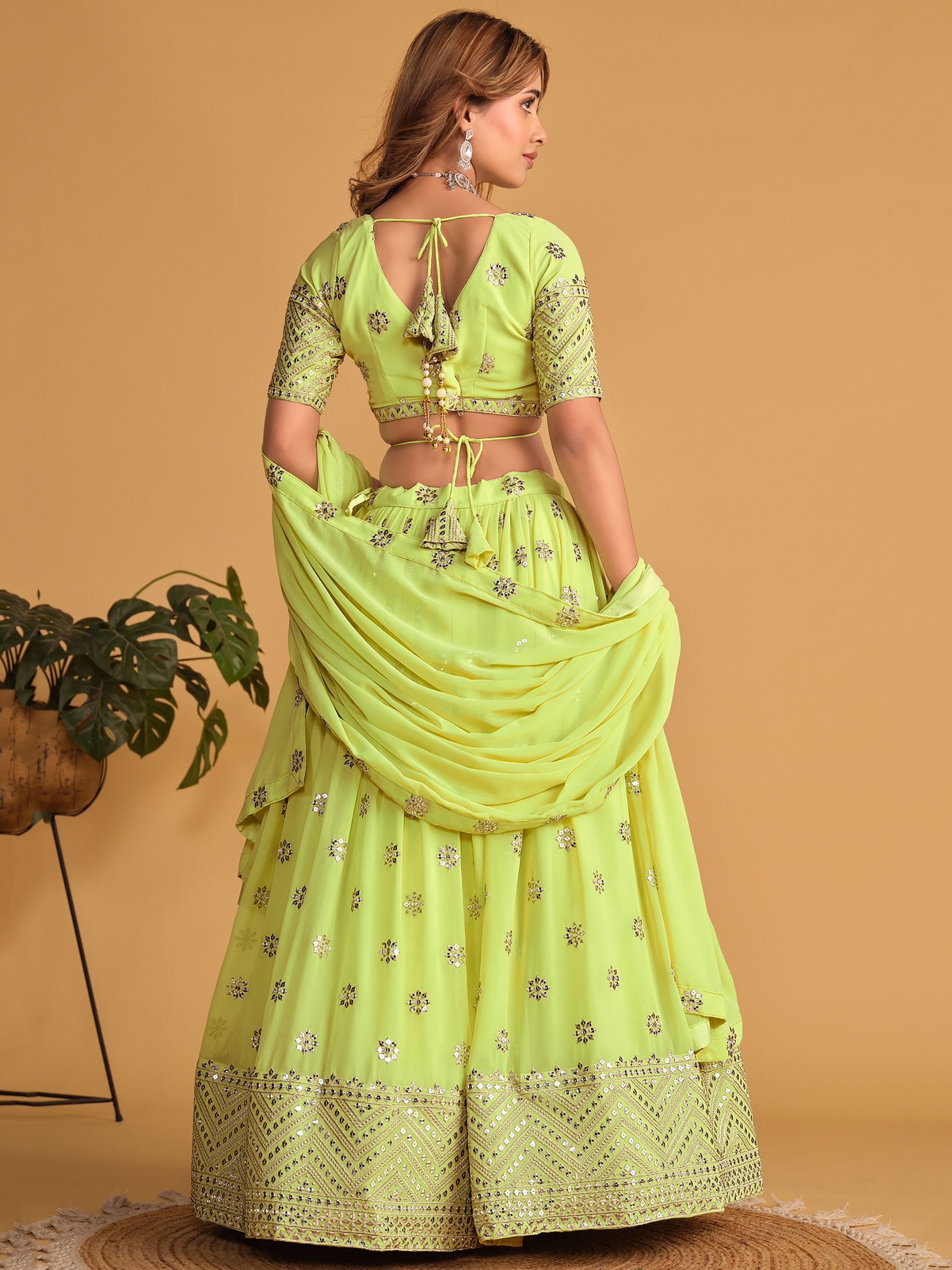 Lime Green Sequin Glamour Breathtaking Reception Lehenga Choli