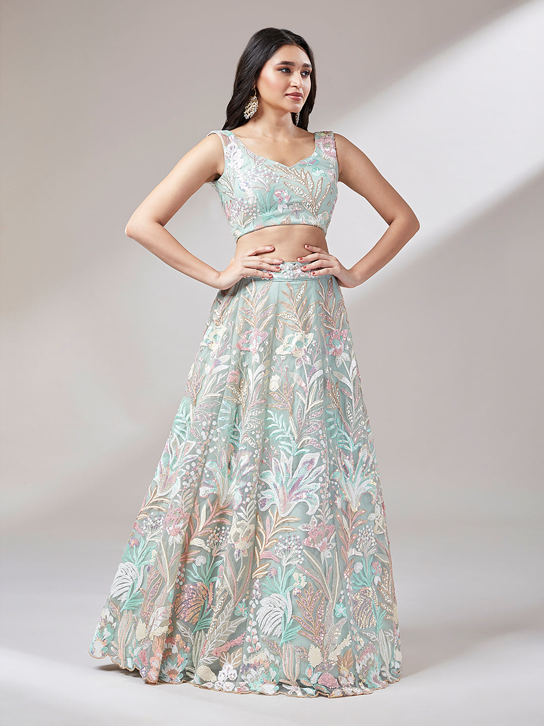 Lime Green Net Sequinse Work Semi-Stitched Lehenga & Unstitched Blouse with Dupatta
