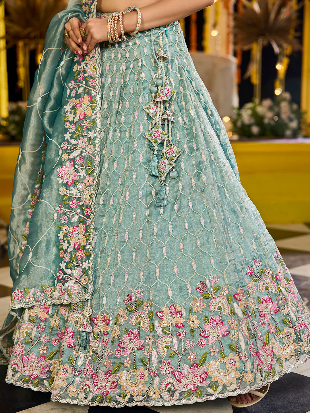 Lime Green Satin Silk Sequins & Embroidery Lehenga Choli with Ethnic Dupatta – 4 Meter Flair, Fully Stitched
