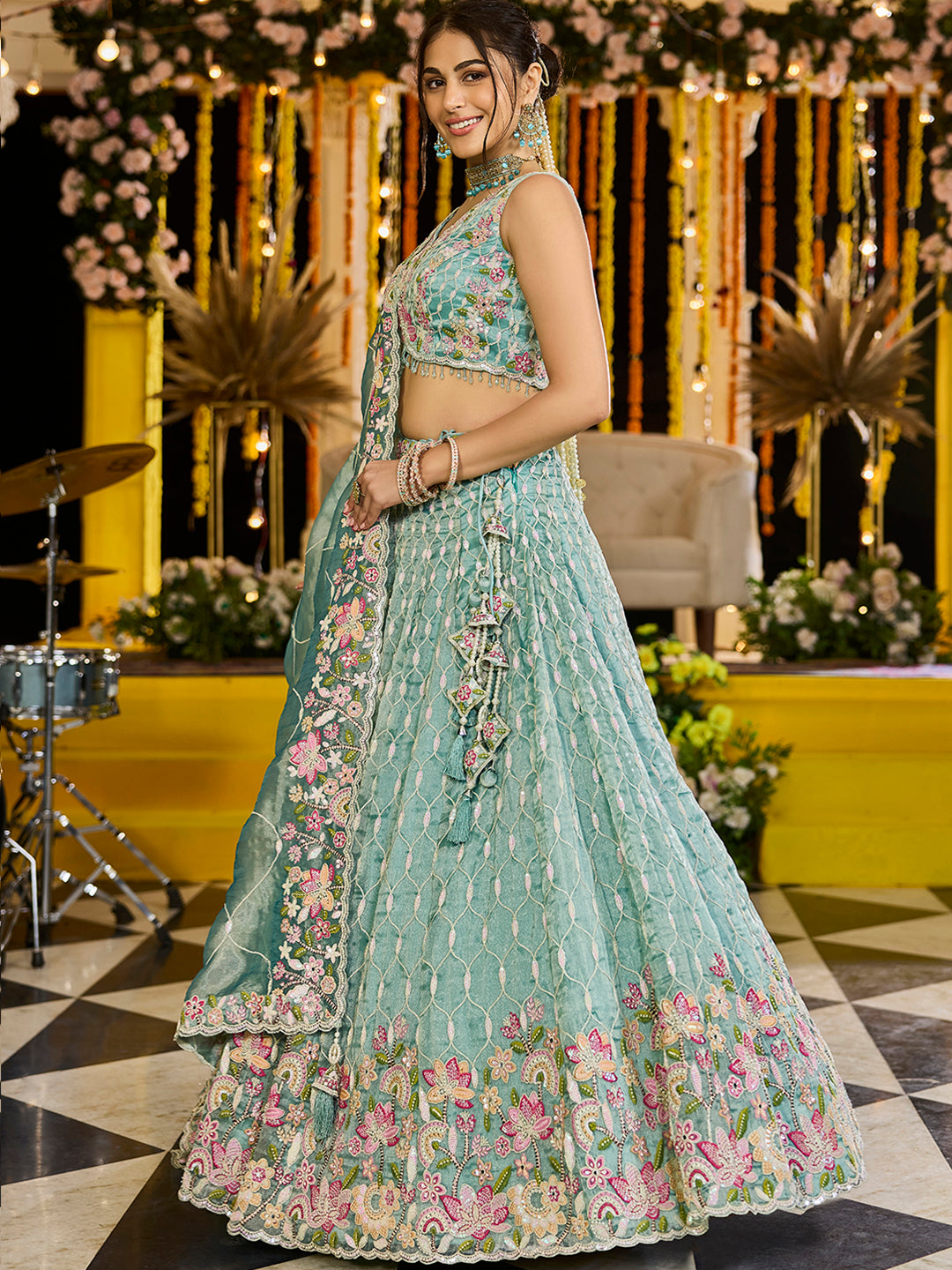 Lime Green Satin Silk Sequins & Embroidery Lehenga Choli with Ethnic Dupatta – 4 Meter Flair, Fully Stitched