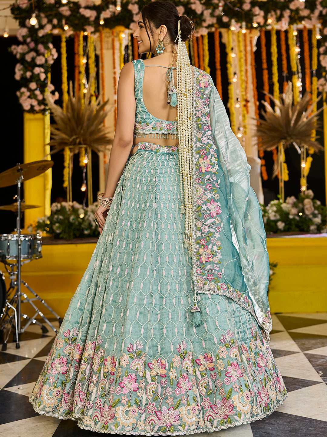 Lime Green Satin Silk Sequins & Embroidery Lehenga Choli with Ethnic Dupatta – 4 Meter Flair, Fully Stitched