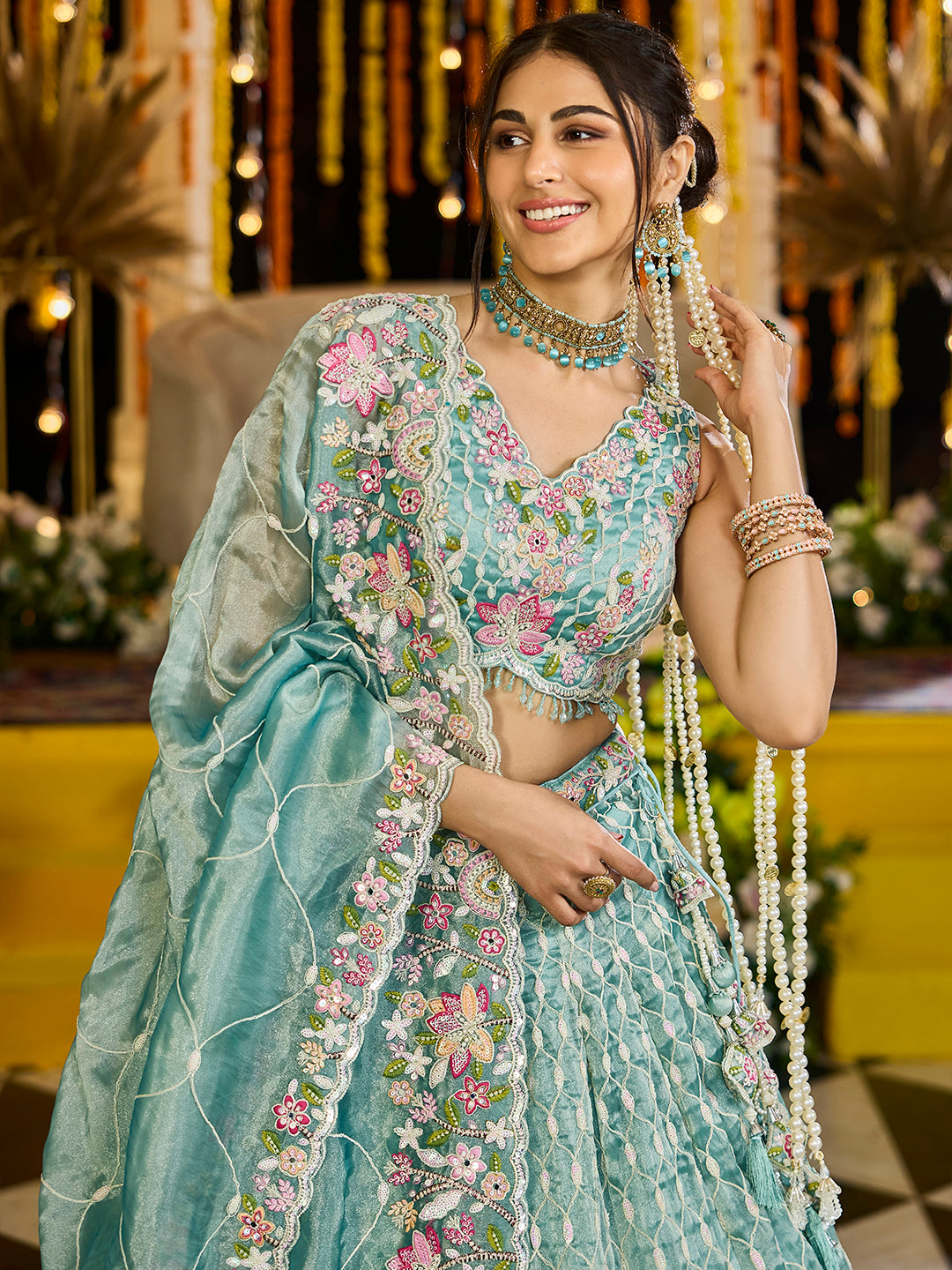 Lime Green Satin Silk Sequins & Embroidery Lehenga Choli with Ethnic Dupatta – 4 Meter Flair, Fully Stitched