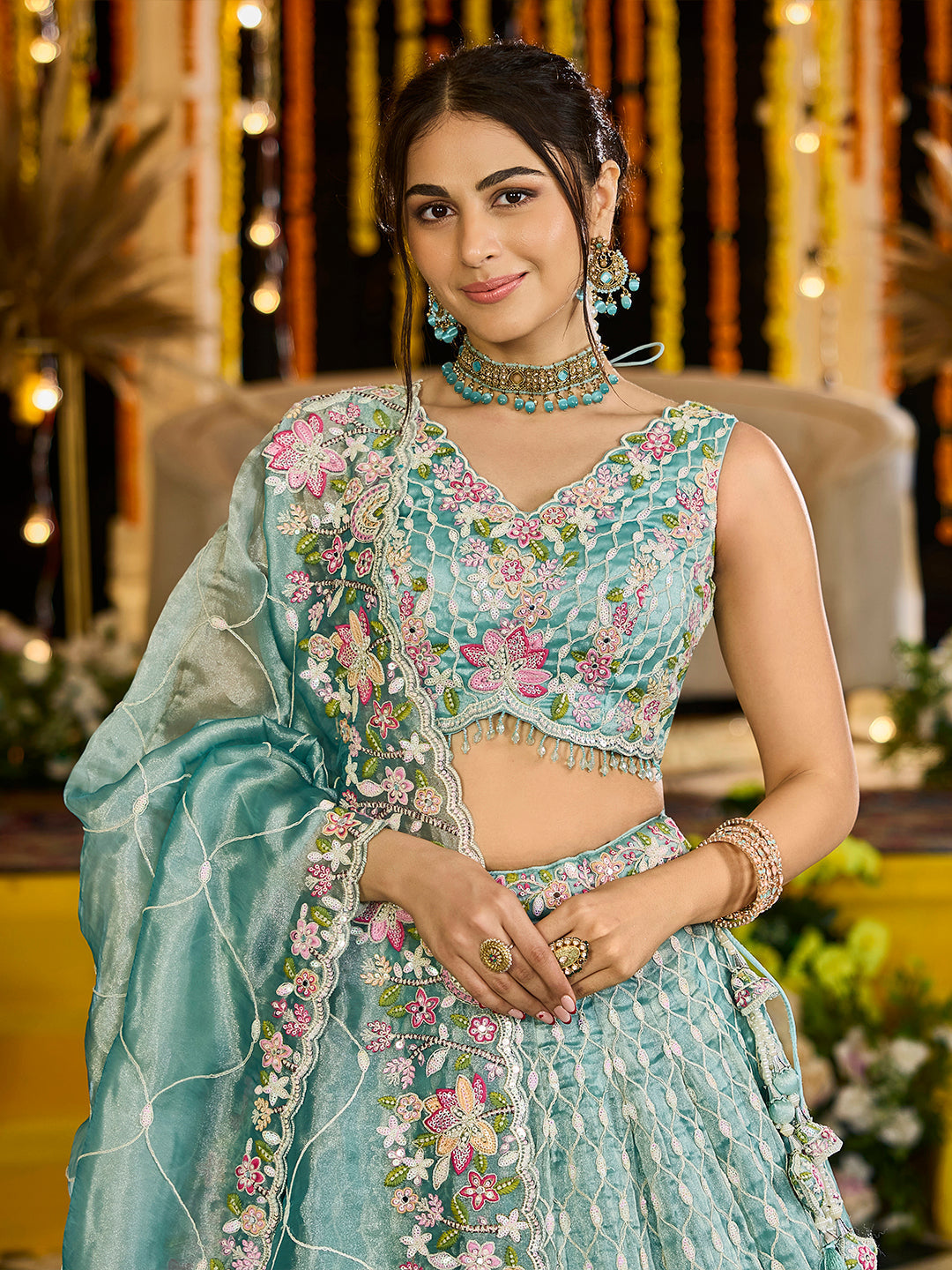 Lime Green Satin Silk Sequins & Embroidery Lehenga Choli with Ethnic Dupatta – 4 Meter Flair, Fully Stitched