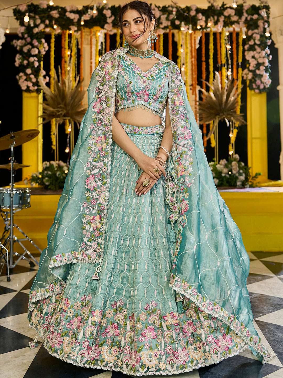 Lime Green Satin Silk Sequins & Embroidery Lehenga Choli with Ethnic Dupatta – 4 Meter Flair, Fully Stitched