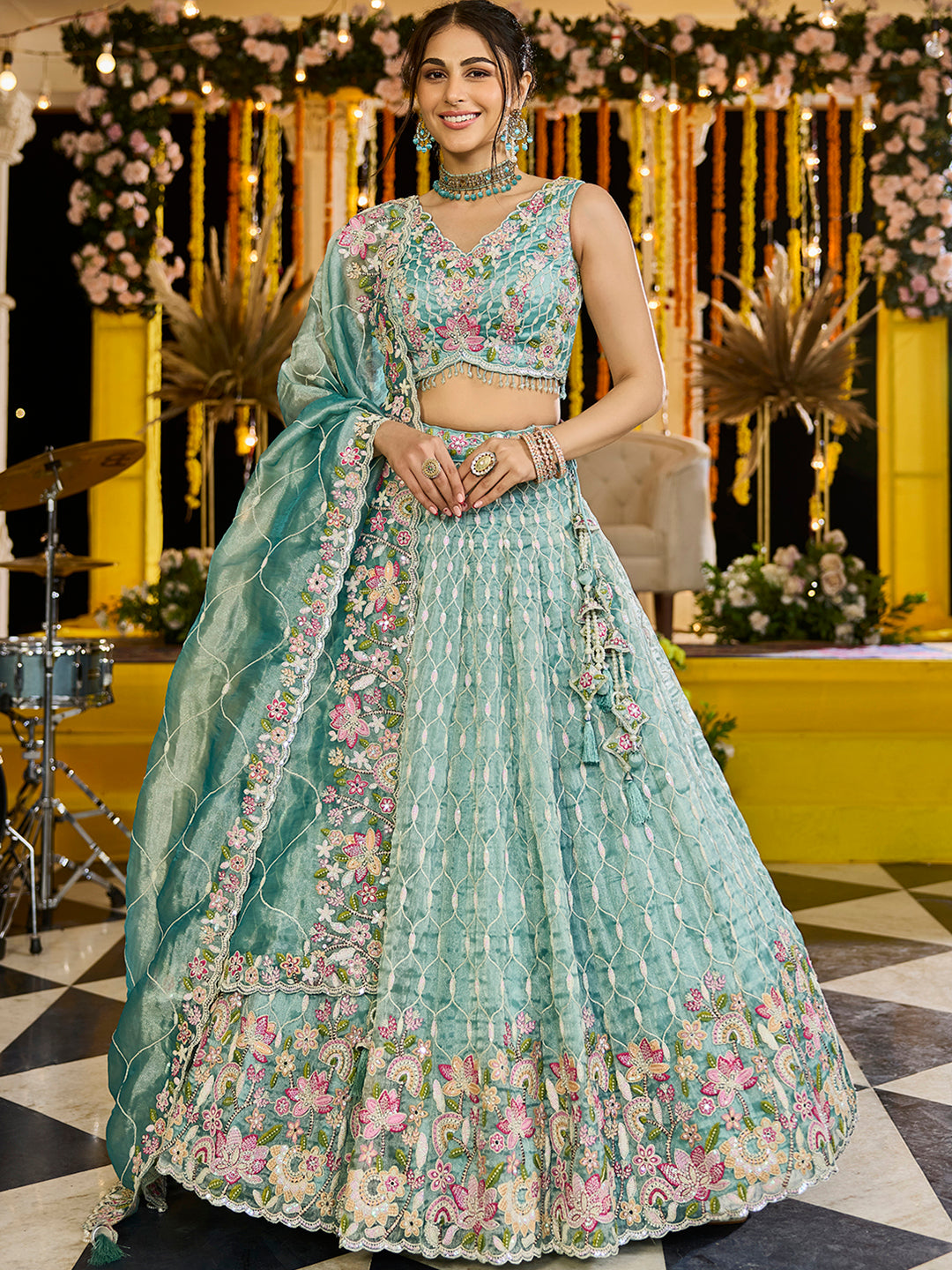 Lime Green Satin Silk Sequins & Embroidery Lehenga Choli with Ethnic Dupatta – 4 Meter Flair, Fully Stitched