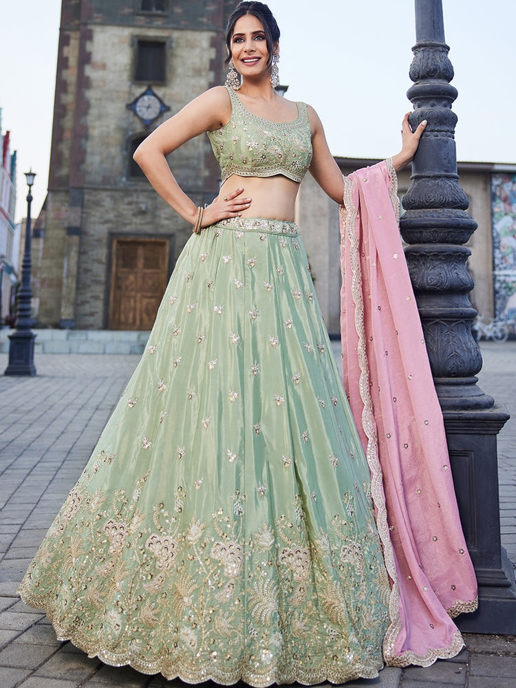 Lime Green Satin Silk Sequins embroidery Semi-Stitched Lehenga choli & Dupatta