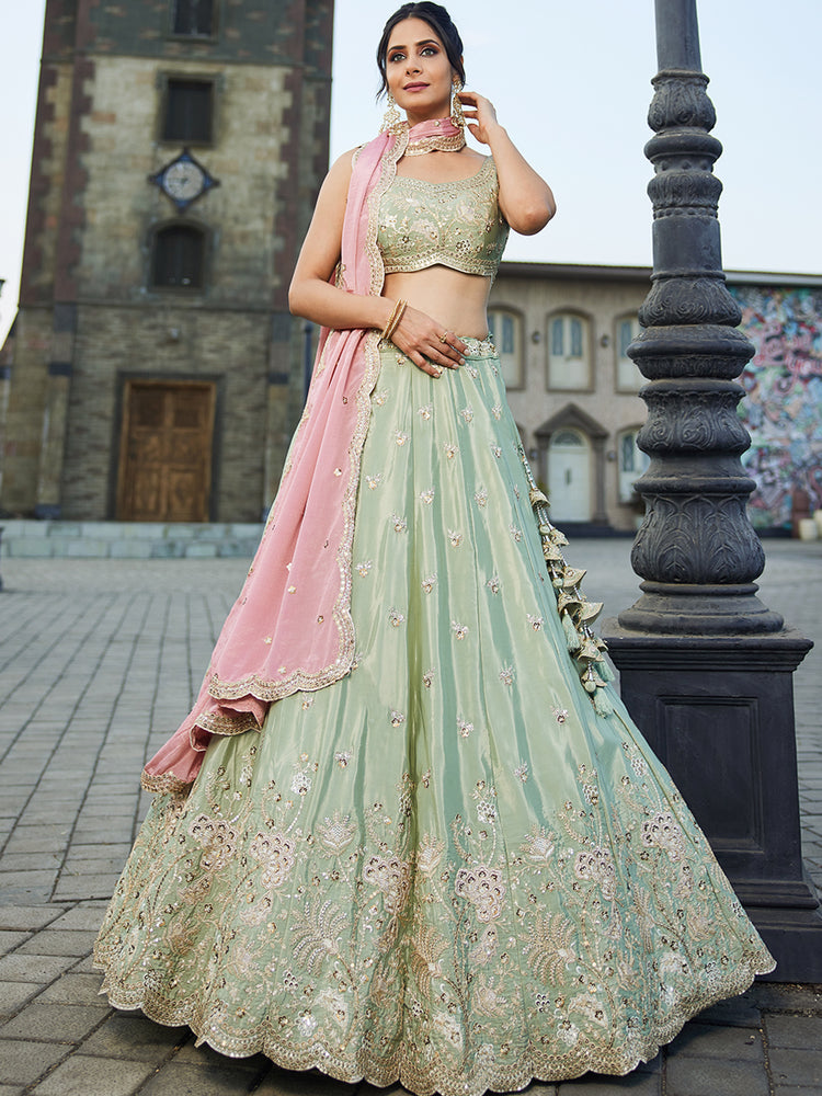 Lime Green Satin Silk Sequins embroidery Semi-Stitched Lehenga choli & Dupatta