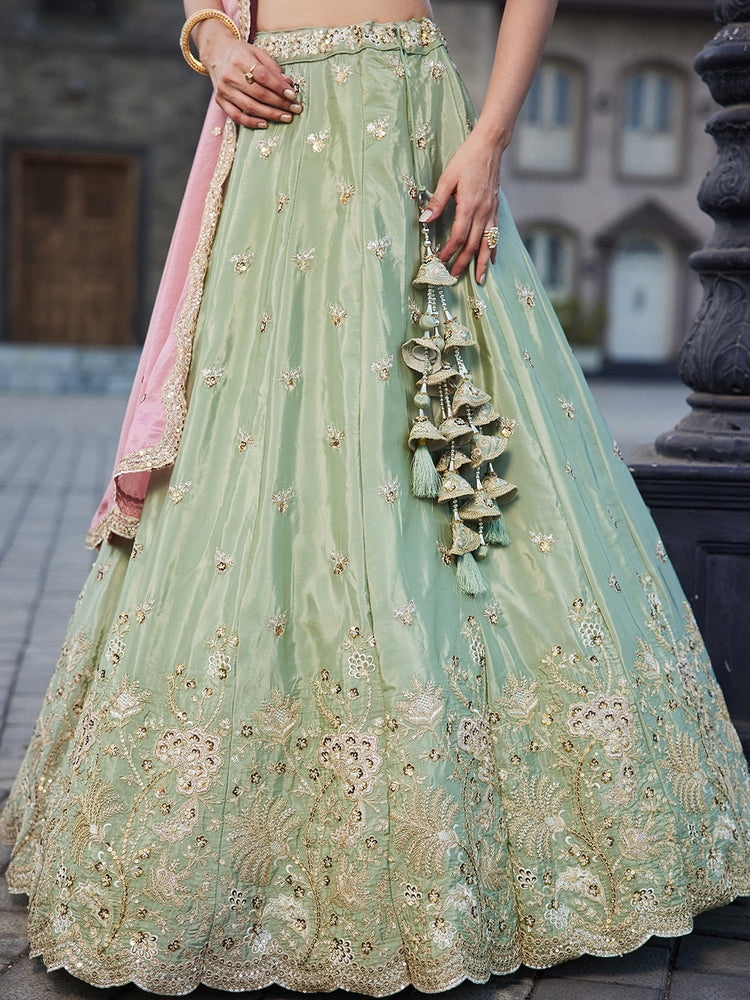Lime Green Satin Silk Sequins embroidery Semi-Stitched Lehenga choli & Dupatta