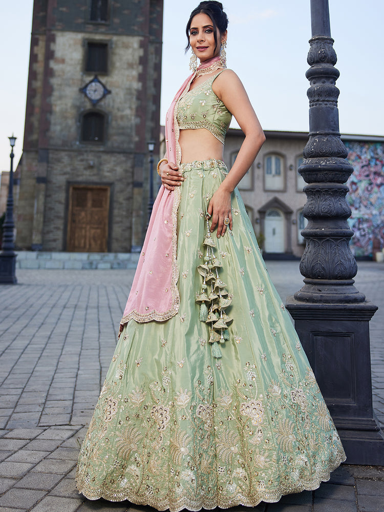 Lime Green Satin Silk Sequins embroidery Semi-Stitched Lehenga choli & Dupatta