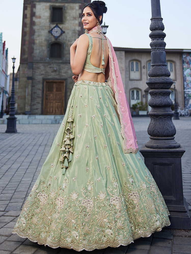 Lime Green Satin Silk Sequins embroidery Semi-Stitched Lehenga choli & Dupatta