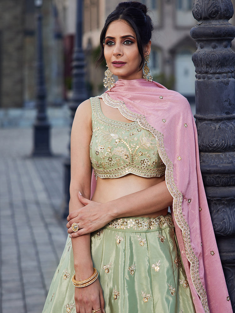Lime Green Satin Silk Sequins embroidery Semi-Stitched Lehenga choli & Dupatta