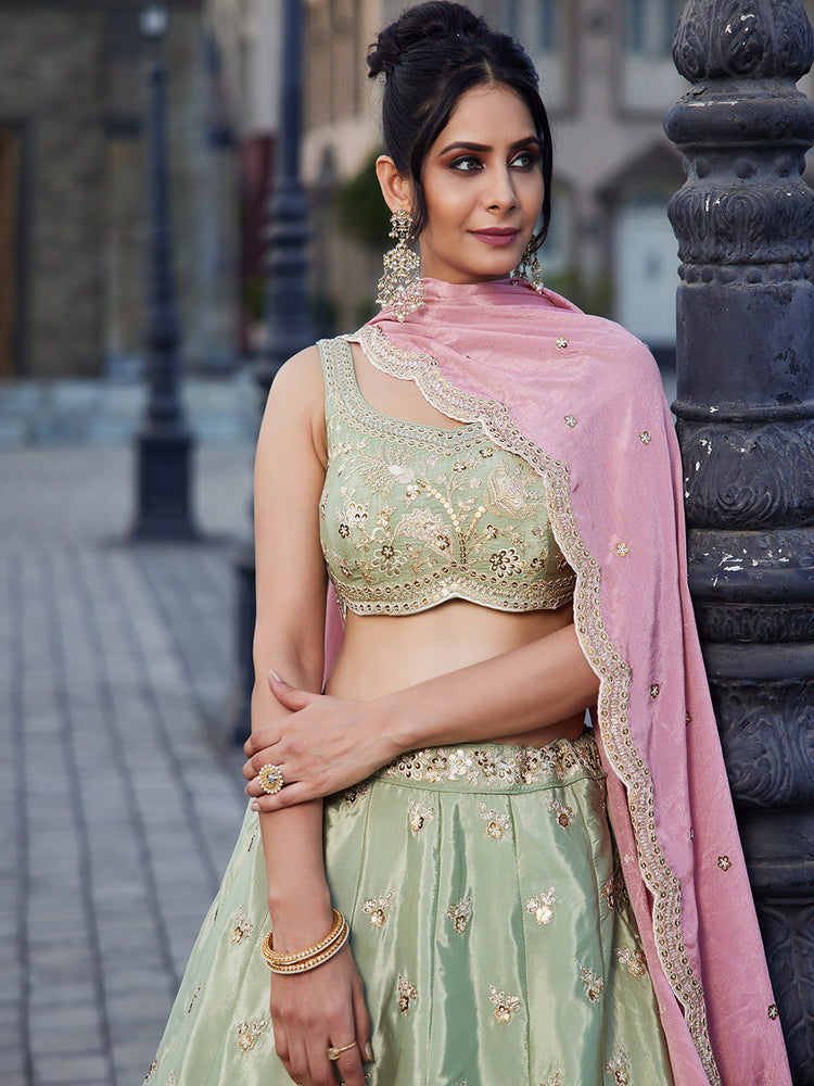 Lime Green Satin Silk Sequins embroidery Semi-Stitched Lehenga choli & Dupatta