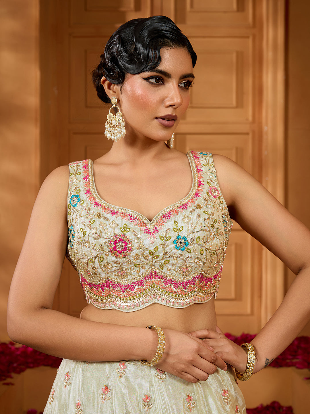 Lime Green Tissue Lehenga Choli with Sequins, Beads & Thread Embroidery – Full-Flared Semi-Stitched Lehenga with Dupatta
