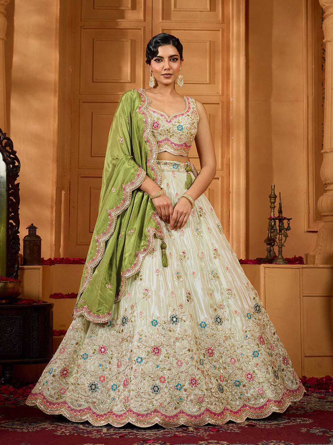 Lime Green Tissue Lehenga Choli with Sequins, Beads & Thread Embroidery – Full-Flared Semi-Stitched Lehenga with Dupatta